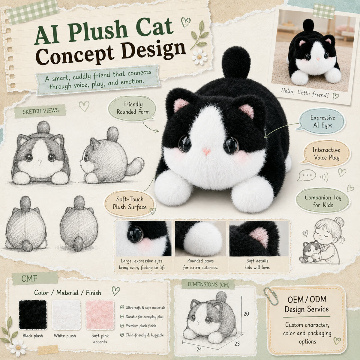 Develop Packaging Around the Real Unboxing Plush cat concept sketch and color customization board