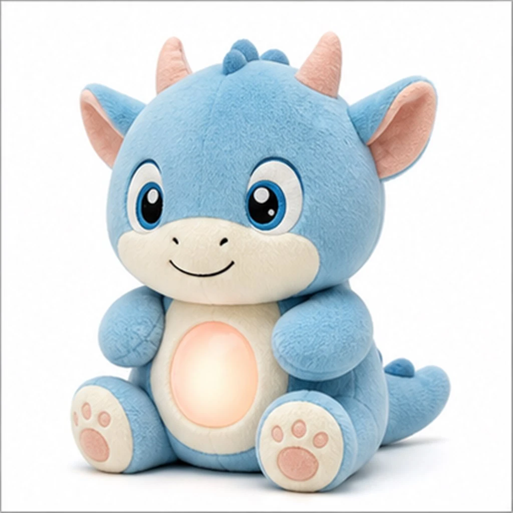 Three-quarter dragon plush concept with rounded head and curved tail Three-quarter dragon plush concept with rounded head and curved tail