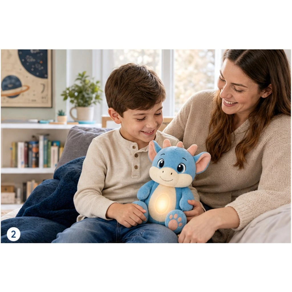 Concept scene of child and adult sitting together with blue dragon plush Concept scene of child and adult sitting together with blue dragon plush